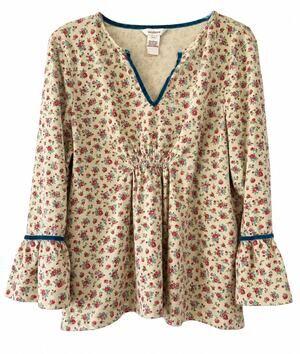 Sundance XL Floral Cotton Tunic Top Velvet Trim Bell Sleeve Boho